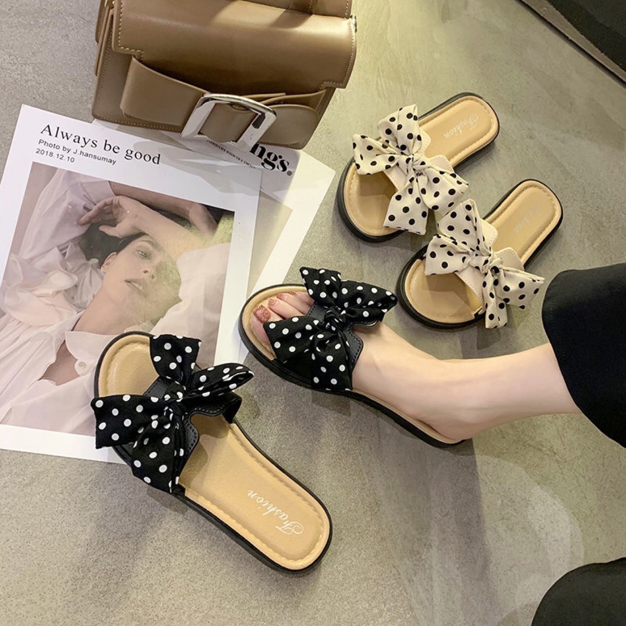 New bow slippers women's outer wear Kore...