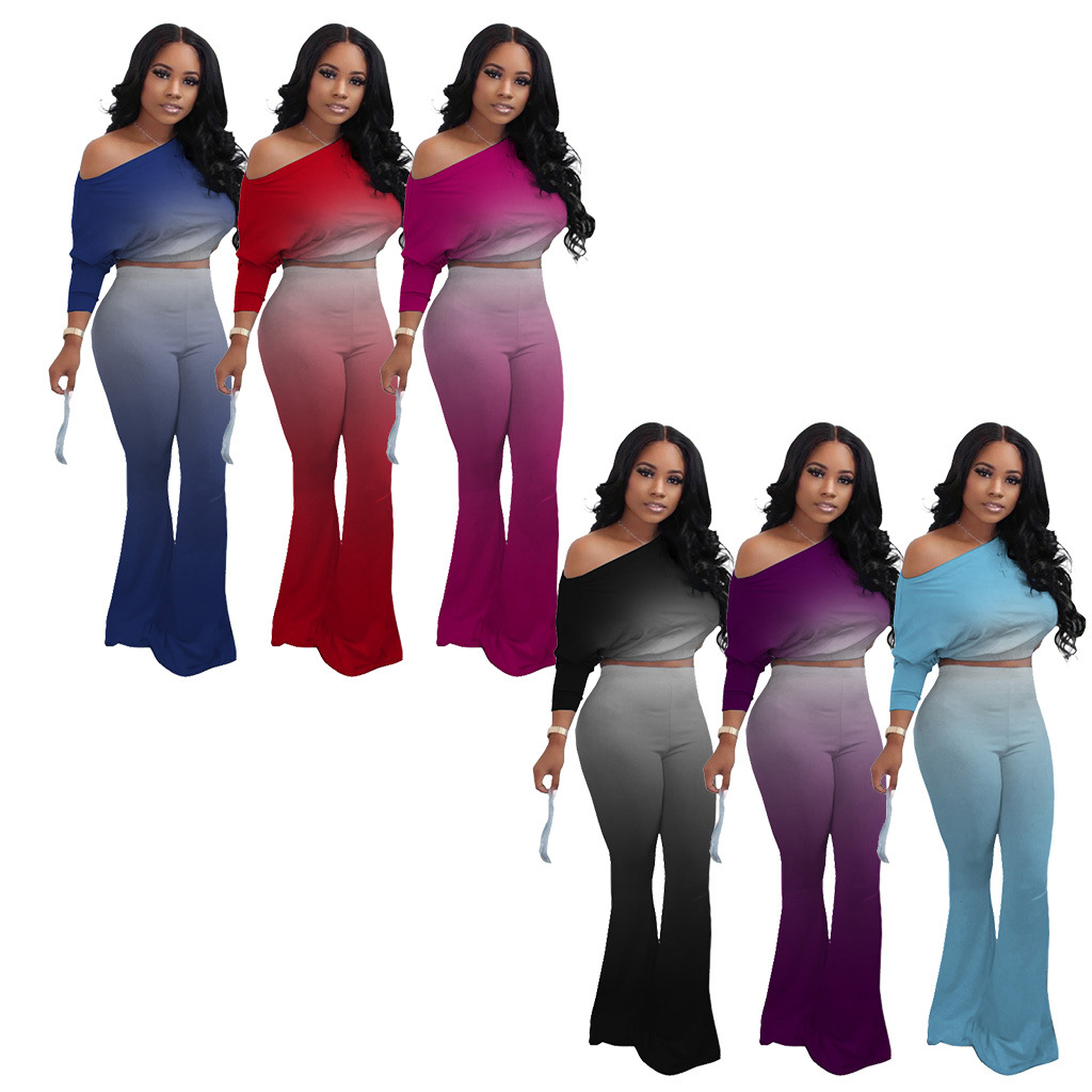 Gradient Color Oblique Shoulder Top & Flared Pants 2 Piece Set NSBTY96953