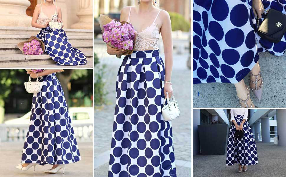 Polka Dot High Waist Flared Maxi Skirt, Vintage A-Line Swing Skirt For Office & Casual_ecoleips.com