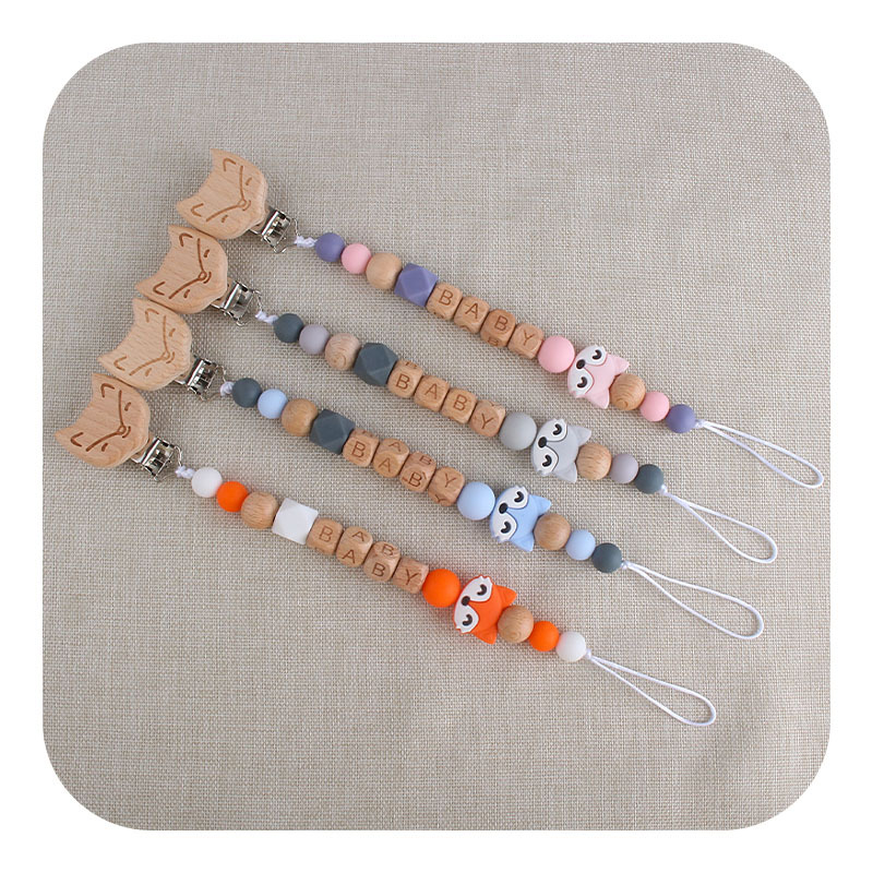 Bebé haya zorro chupete clip de juguete de dibujos animados bebé nombre silicona pequeño zorro mordedor chupete cadena