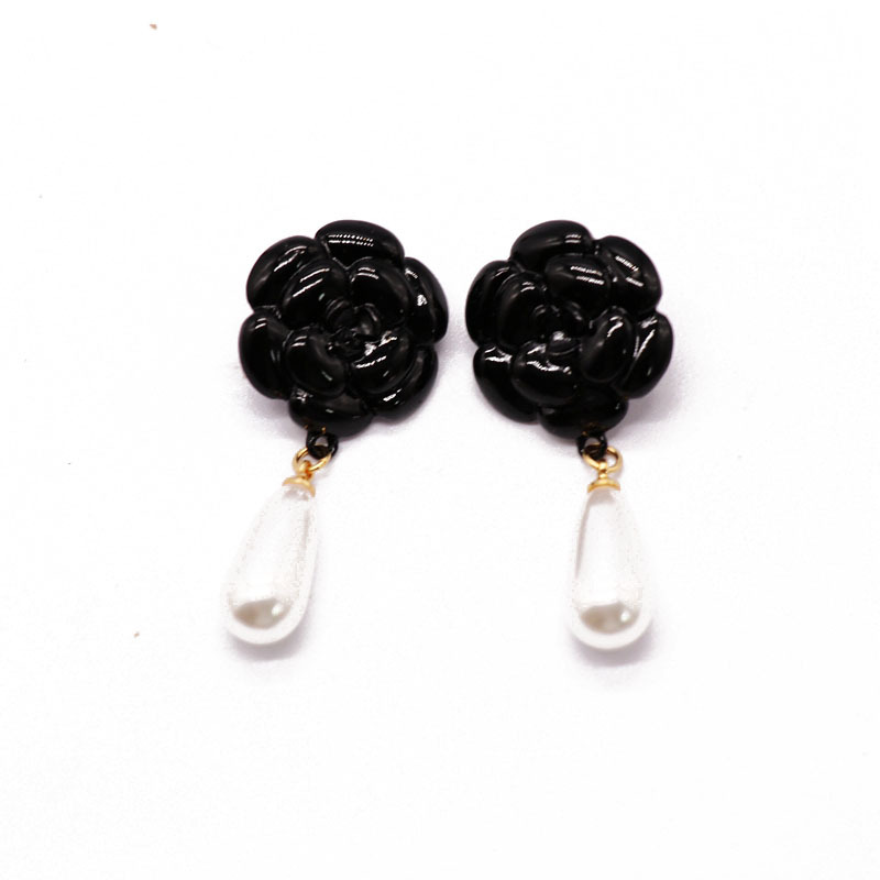 Black  White Rose Flower 925 Silver Needle Earrings display picture 6