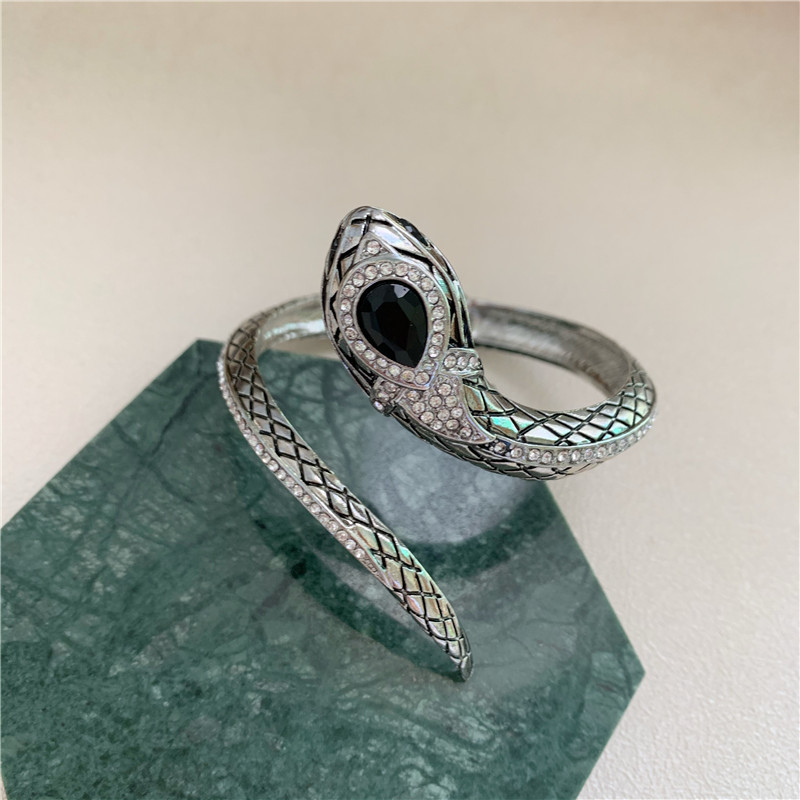 retro antique silver snake totem gemstone diamond exaggerated opening bracelet