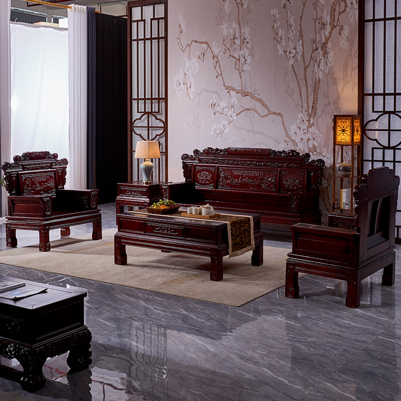 中式全实木沙发组合桦木家具仿红木仿古典雕花客厅沙发厂家直销|ms