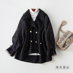 韩版蕾丝拼袖双面羊绒外套100羊毛外套女士双面呢大衣小个子