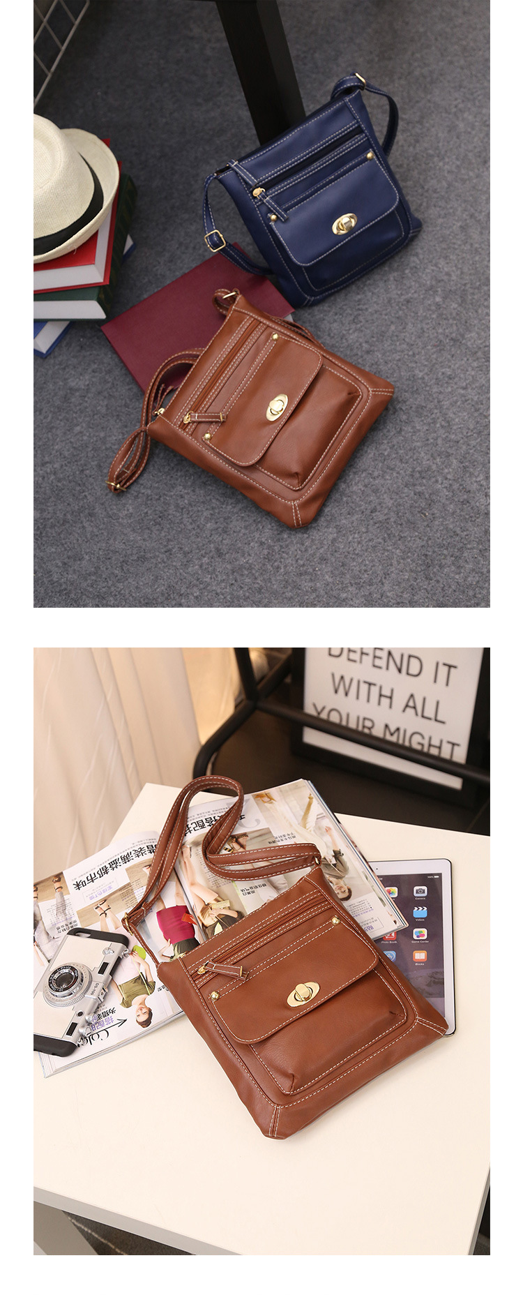 Women's Small Pu Leather Solid Color Vintage Style Zipper Messenger Bag display picture 2
