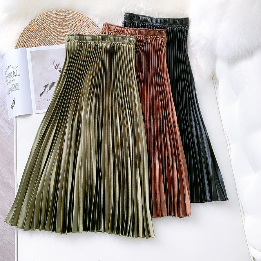 High Waist Satin Metallic Pleated Skirt in Skirts