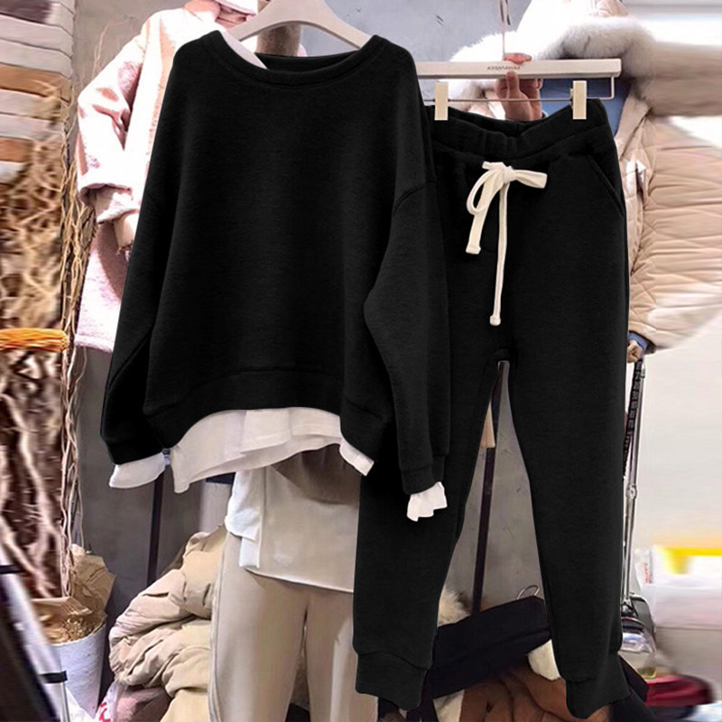 韩国东大门女装2020秋冬假两件拼接宽松卫衣女小香风套装两件套潮