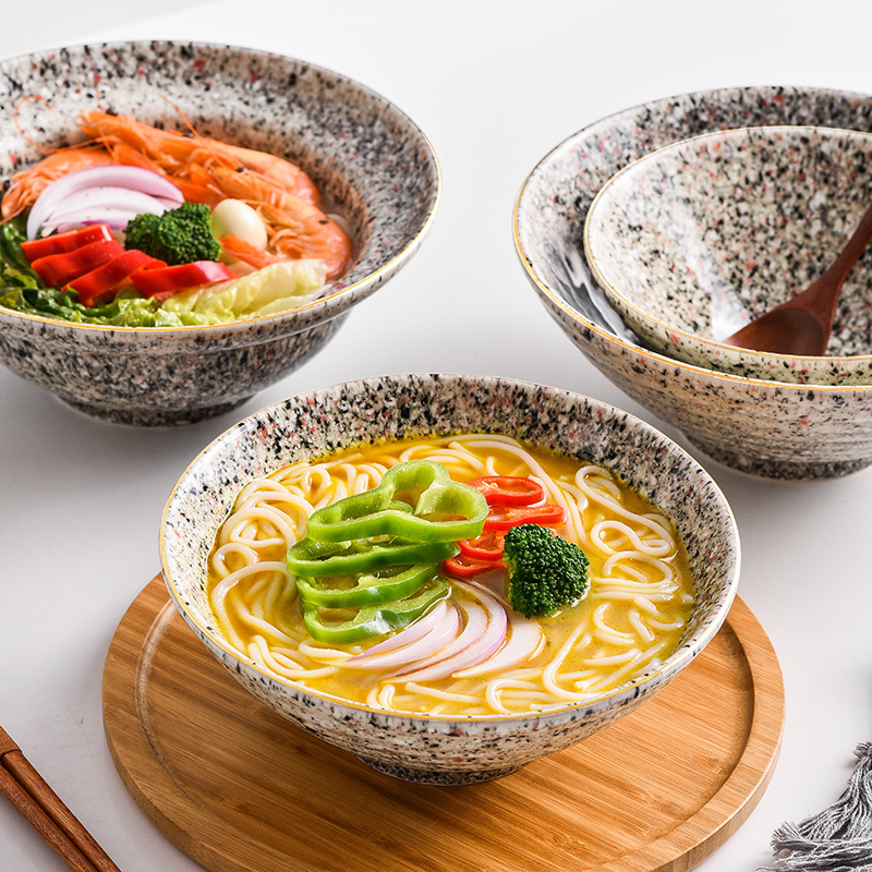 Horno de estilo japonés Flor de lluvia esmalte tazón de fideos de cerámica tazón de ensalada de frutas borde dorado mármol sombrero de paja tazón cubo tazón de sopa grande