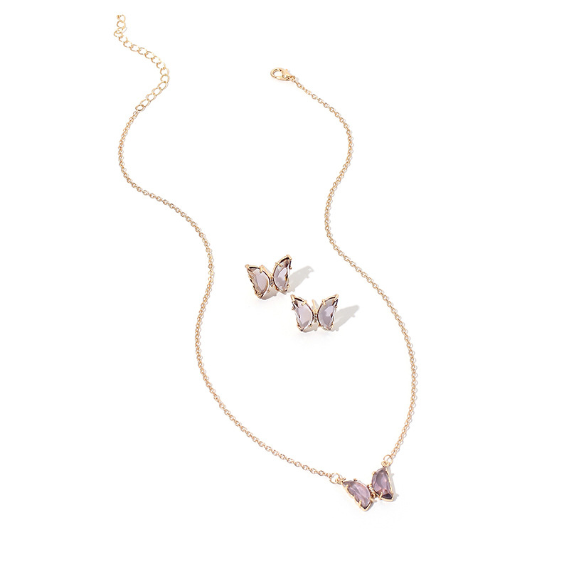 Simple New  Gold Simple Acrylic Diamond Sen Butterfly Pendant Earrings Necklace Clavicle Chain Set display picture 4