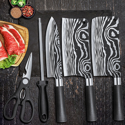 德國家用菜刀廚房刀具套裝六件套切菜刀砍骨刀切片刀剪刀波紋刀
