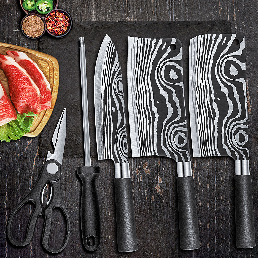 德國家用菜刀廚房刀具套裝六件套切菜刀砍骨刀切片刀剪刀波紋刀