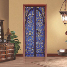 创意3D门贴翻新自粘贴纸装饰卧室客厅墙贴门贴蓝色铁门跨境货源
