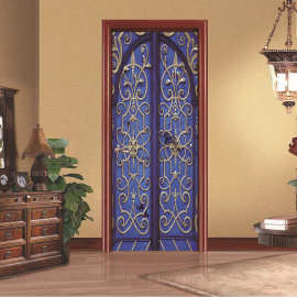 创意3D门贴翻新自粘贴纸装饰卧室客厅墙贴门贴蓝色铁门跨境货源