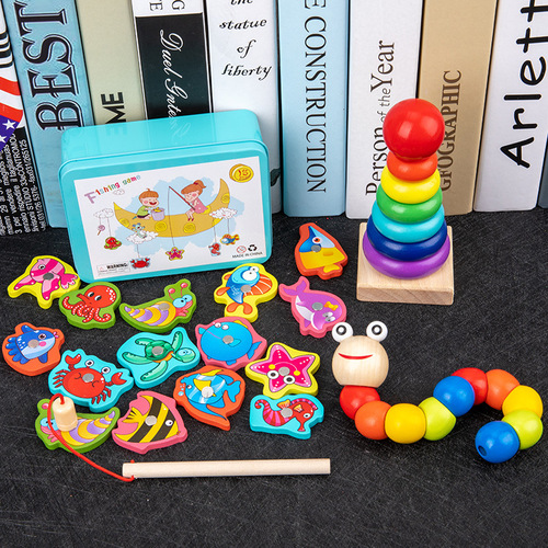 Baby and Toddler Eight-Tone Hand Percussion Bead Stringing Worm Rainbow Tower Fishing Early Education Benefit Intelligence Wooden Toy