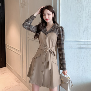 拼接西装领连衣裙女2020秋季新款气质排扣显瘦系带收腰西装裙