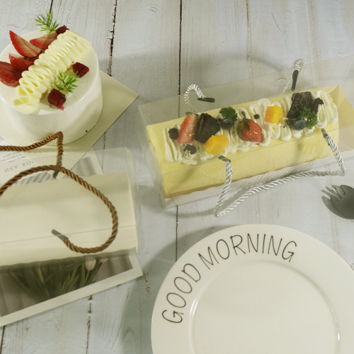 Swiss Japanese transparent carrying cake roll packaging box, long PET towel roll style pastry cake Swiss box