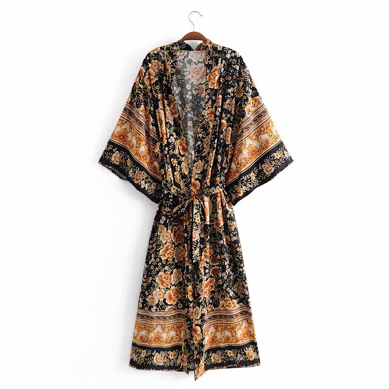 YP8540 European and American wholesale 2022 autumn cotton positioning flower belt kimono dress
