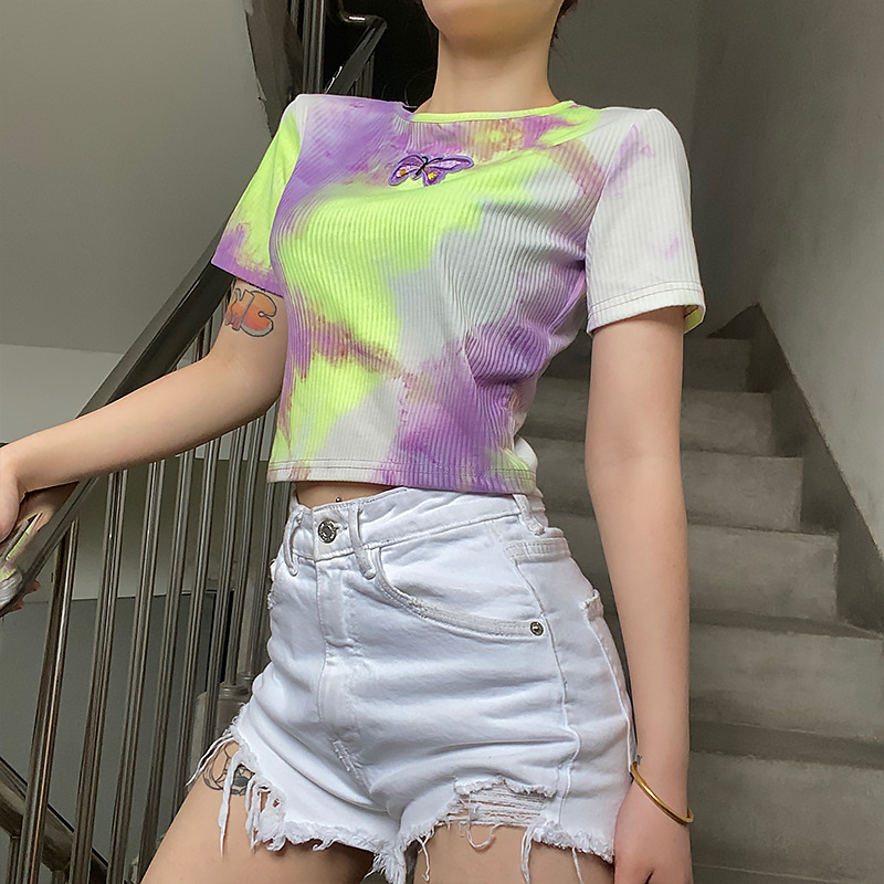 short-sleeved summer new butterfly round neck all-match slim tie-dye cropped T-shirt NSMEI55109