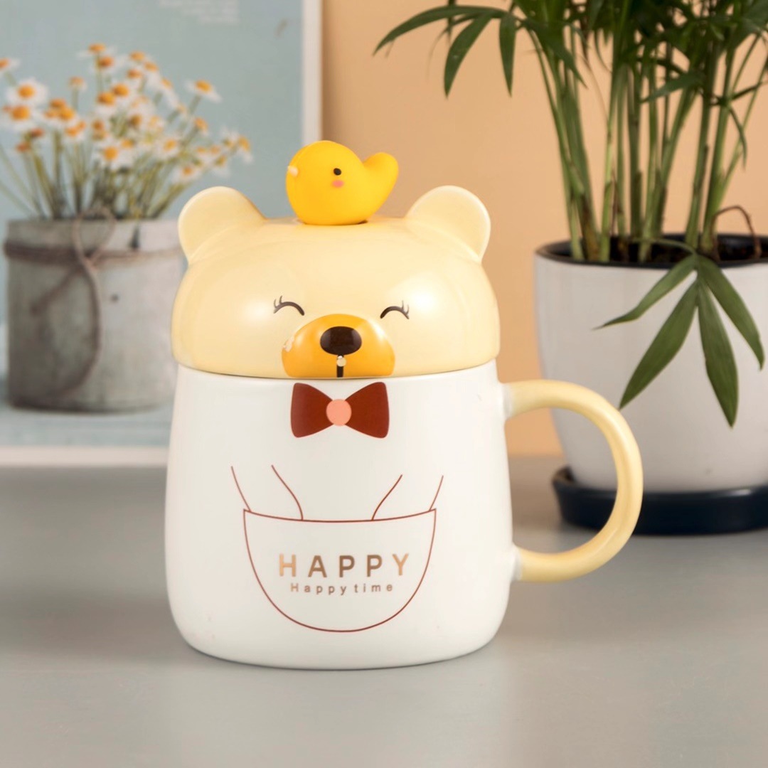 Estilo japonés creativo lindo personalidad oso taza con tapa cuchara regalo taza de café Oficina de dibujos animados taza de agua de cerámica