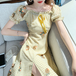 雪纺连衣裙夏2020新款女气质时尚一字肩复古改良旗袍开叉中长裙子