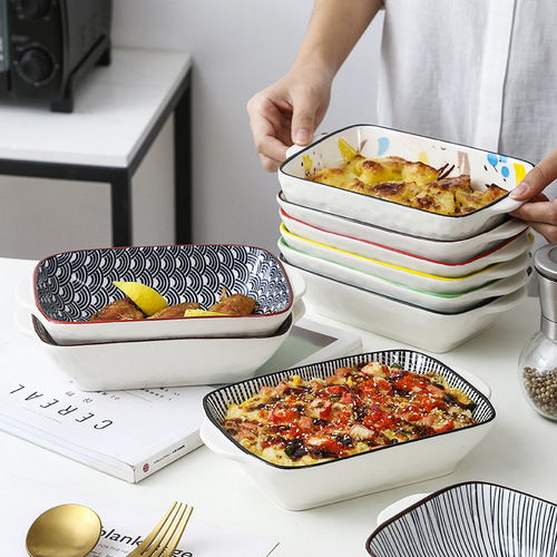 Double-ear baking bowl ceramic baking pan baking rice plate tableware creative dish plate home microwave oven bowl available