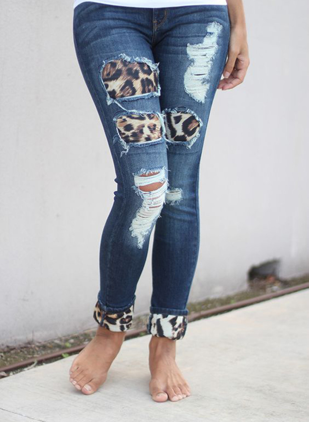  slim leopard print lining hand-worn ladies nine-point jeans NSSI2338