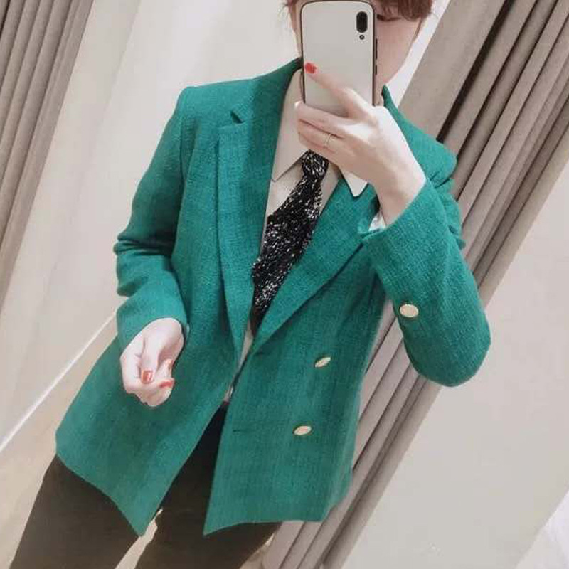 2020 Autumn and Winter new green Chanel style solid color double breasted tweed women's suit jacket S home