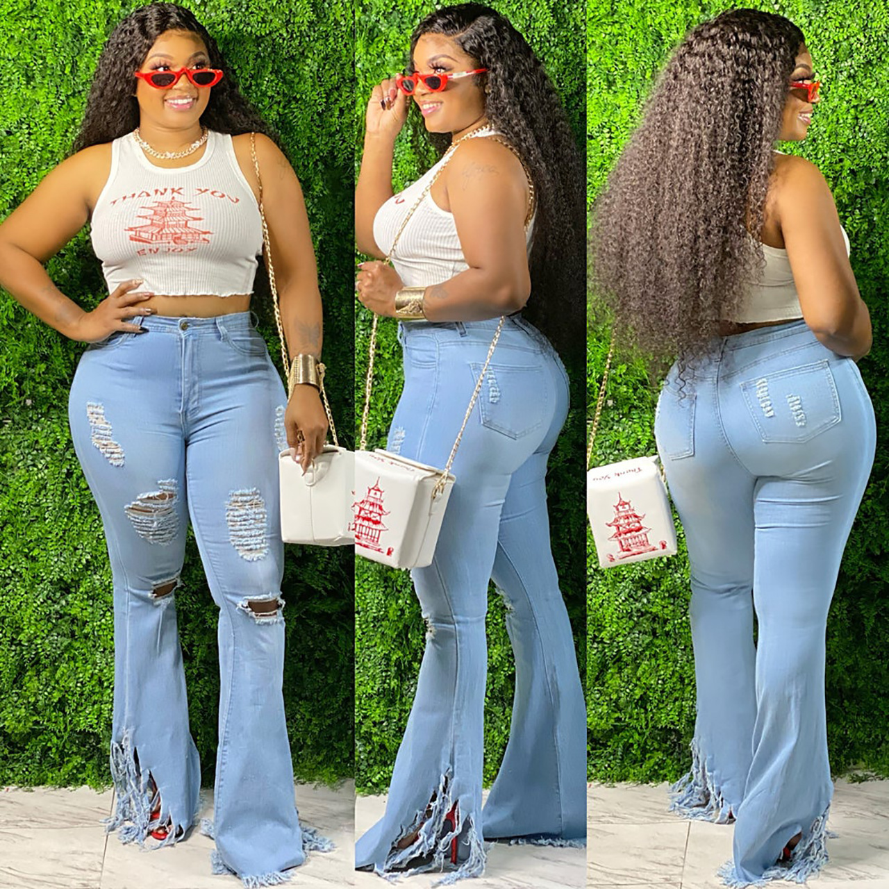 Dames high waist jeans met split en franjes in flare model_voghion.com