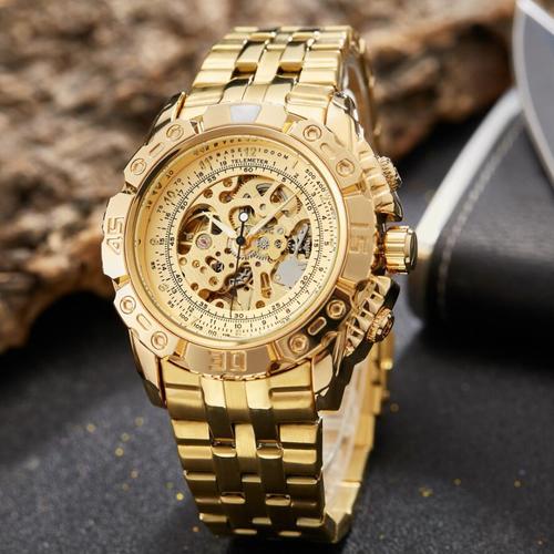 Gold color men's fully automatic mechanical watch fashion spiral hot sale bilateral press buckle alloy pointer wholesale