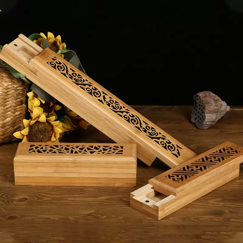 竹木香盒创意竹木镂空抽拉香盒办公家用线香木盒高档竹制熏香盒子
