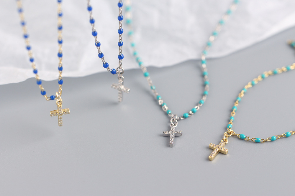 1 Piece Quantity Daily Occasion 925 Sterling Silver Zircon Epoxy Inlay Cross Pendant Necklace
