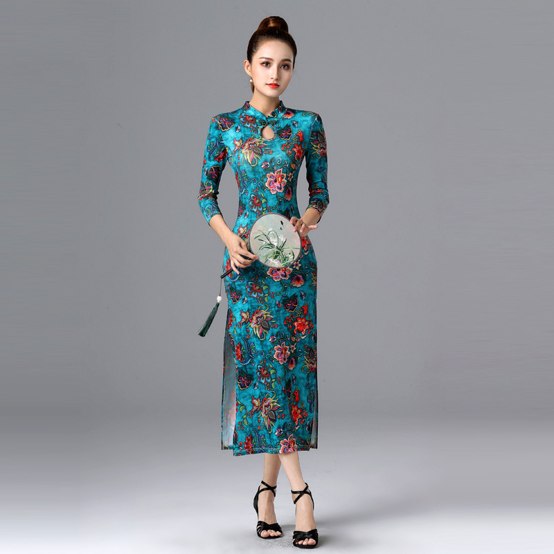 Green floral printed Latin Ballroom dance dresses qipao for women girls restoring ancient classical dance qipao model show stage performance costumes