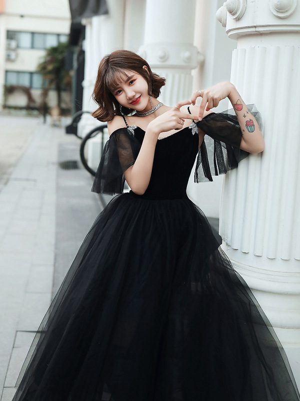 green emerald velvet dress Starry Mesh Tulle Black Fairy V Neck A line Long Prom Dress GJS329 – Anna  PromDress main image 1