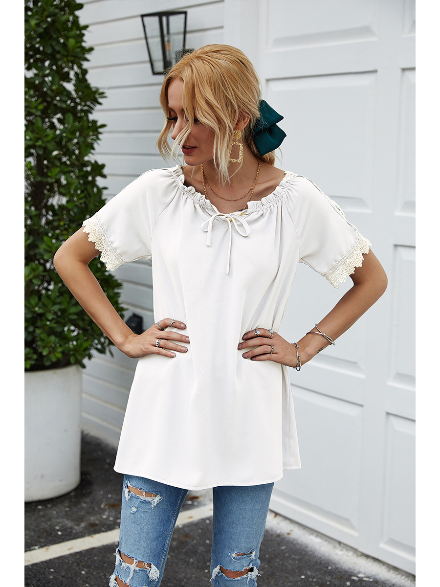 solid color lace one-shoulder hooded casual short-sleeved T-shirt NSAL2880