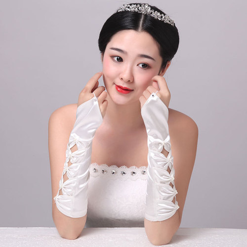 Hook Finger Bridal Wedding Gloves Fingerless Butterfly Beads Hollow Women's Wedding Long Satin Sleeves White Off-White