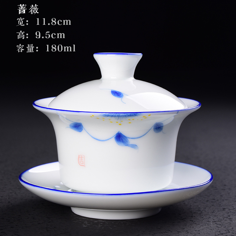 Cubierta pintada a mano Tazón Taza de té de cerámica juego de té de Kung Fu hogar tamaño pequeño Tazón de té Taza blanca tostada de porcelana Taza de té de tres piezas cubierta Tazón
