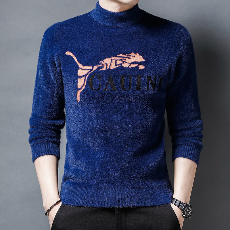 Autumn and winter imitation mink velvet pullover sweater men's new velvet padded warm semi-high collar jacquard leopard sweater Autumn and winter imitation mink velvet pullover sweater men's new velvet padded warm semi-high collar jacquard leopard sweater