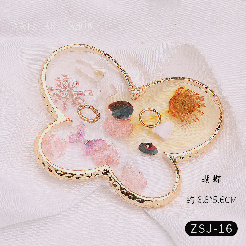 Nail ágata transparente resina borde dorado flor seca Shell lentejuelas mariposa Pentagram amor paleta placa herramienta de la joyería