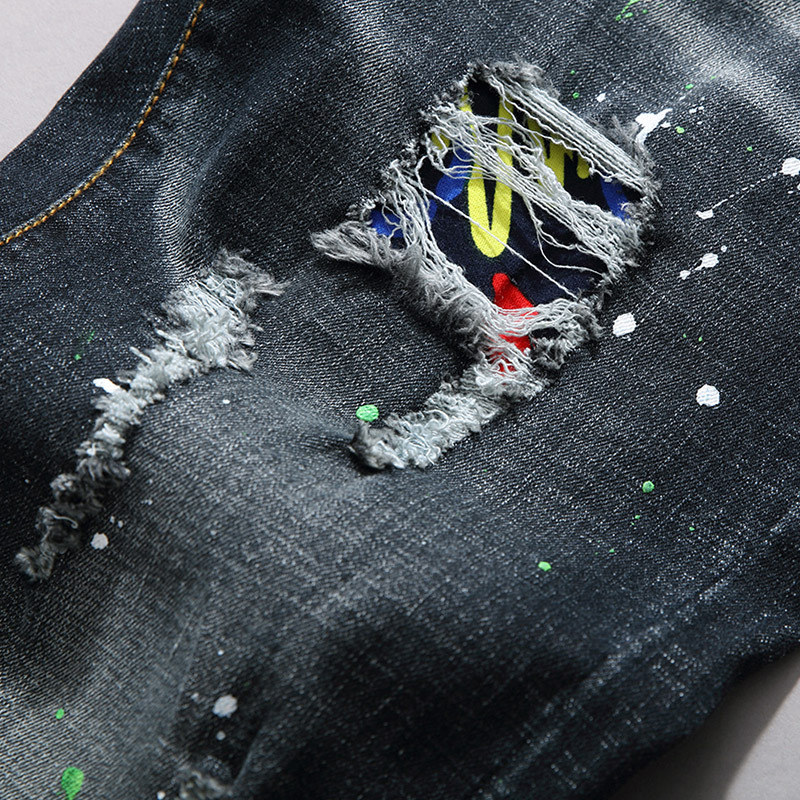 Broderade slim fit stretch straight jeans för män_voghion.com
