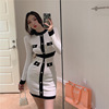 Black and white single breasted buttock skirt knitted skirt long sleeve dress