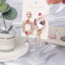 韓版時尚新品 ins網紅款耳飾 粉色水晶愛心 橢圓鐳射粉花邊鑽耳釘