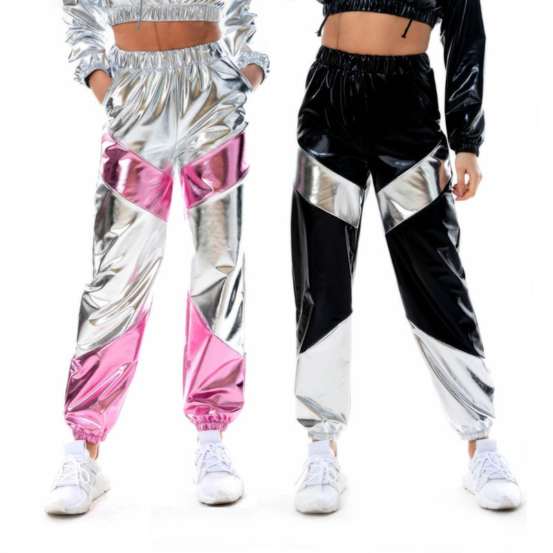 Cross-border explosions color matching pants women bronzing patent leather colorful laser pocket loose women's pants a generation of hair