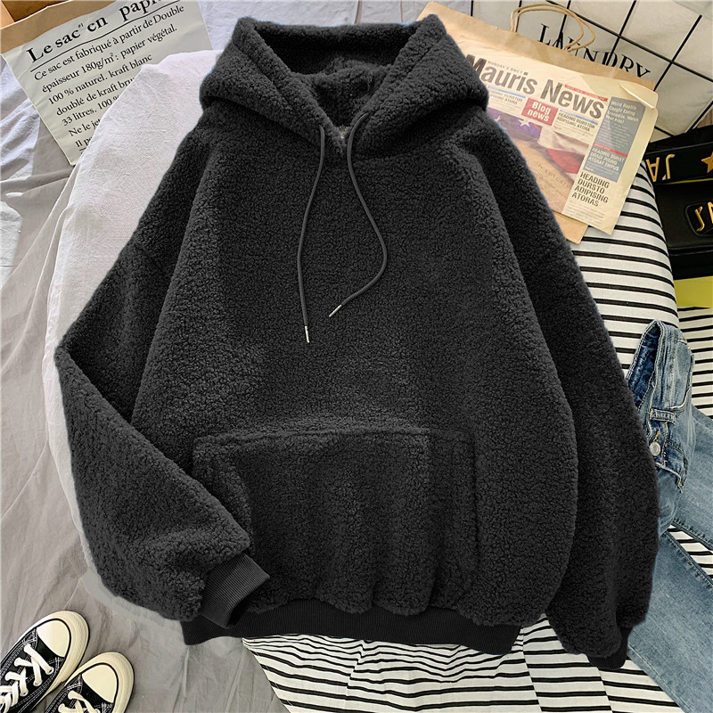 Ins super popular suéter con capucha de lana de cordero otoño e invierno de las mujeres sueltas estilo coreano ulzzang forrado de lana gruesa capa de moda generación de cabello