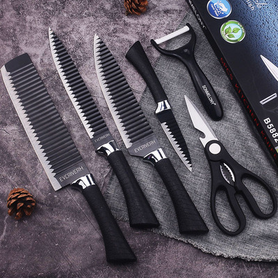 kitchen black Knife sets PP Undulation Stainless steel Six piece set Paint Chinese style full set tool business affairs gift