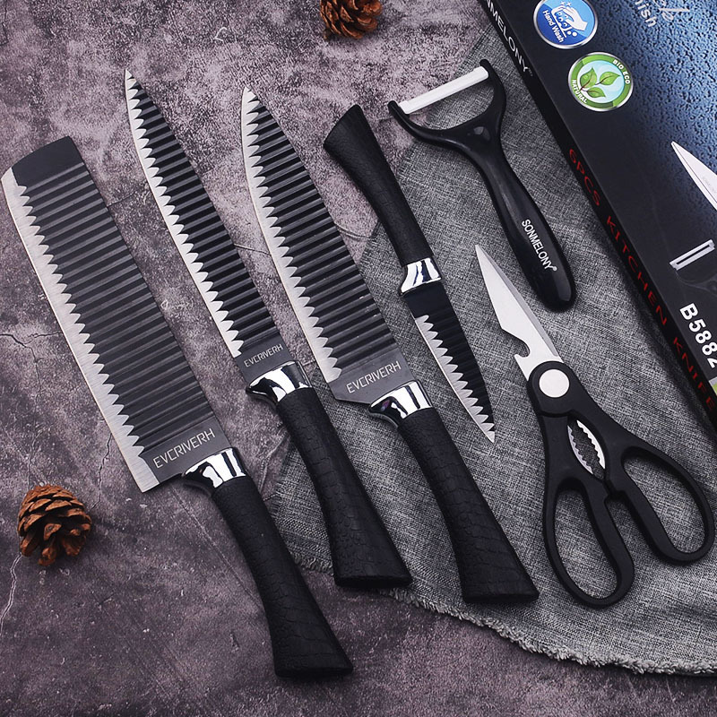 kitchen black Knife sets PP Undulation Stainless steel Six piece set Paint Chinese style full set tool business affairs gift