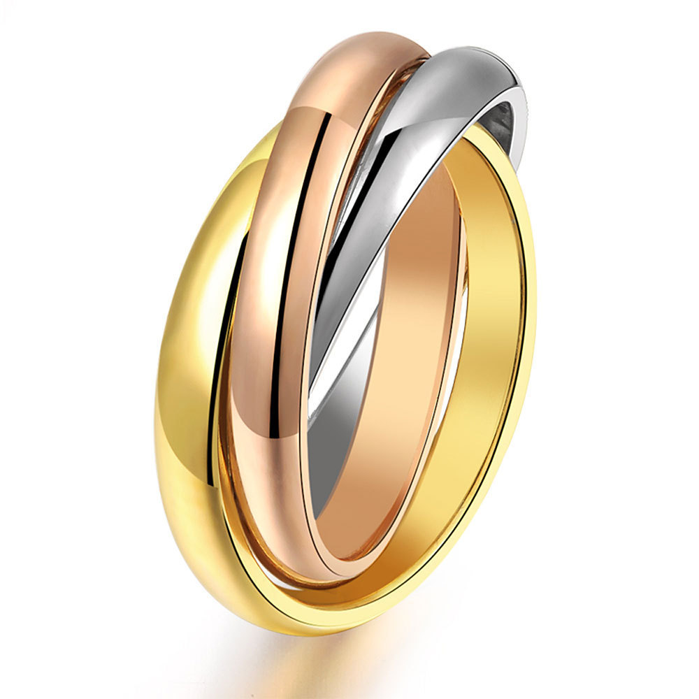 随变 韩版简约别致三环三色戒指 镀彩金戒指个性独特光面钛钢指环