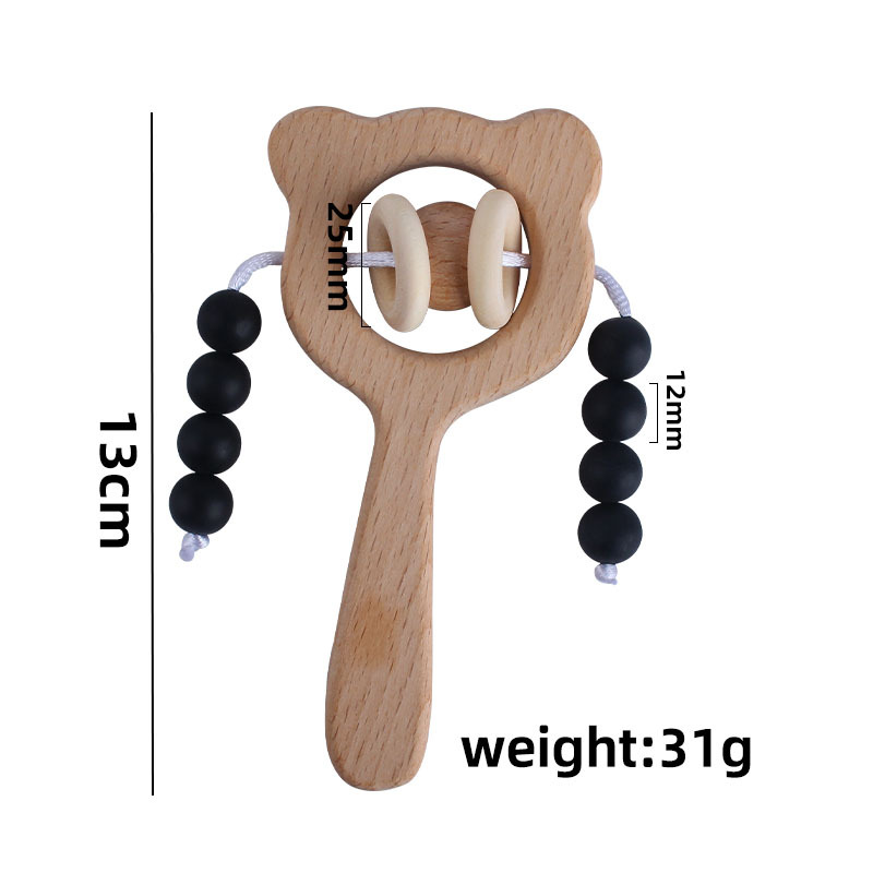 Nuevo DIY de dibujos animados de haya mano palo juguete teether marrón oso sonajero juguete infantil teether palo
