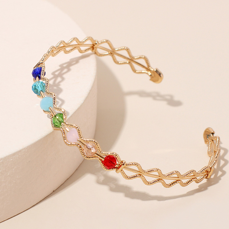 5g Weight Housewarming, Anniversary, Business, Wedding, Travel, Birthday, Festival Occasion Women'S Gender Gold, Silver Color Colored Crystal Bead Gold Open Bracelet New Hollow Adjustable Bracelet Wholesale Nihaojewelry 8