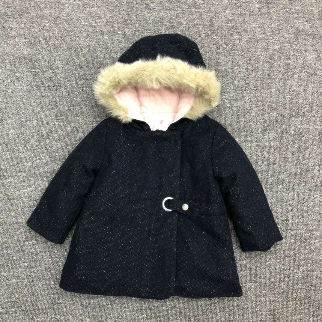 女童2020年秋冬季 韩版黑色连帽宽松保暖呢子外套 外贸尾单 原单