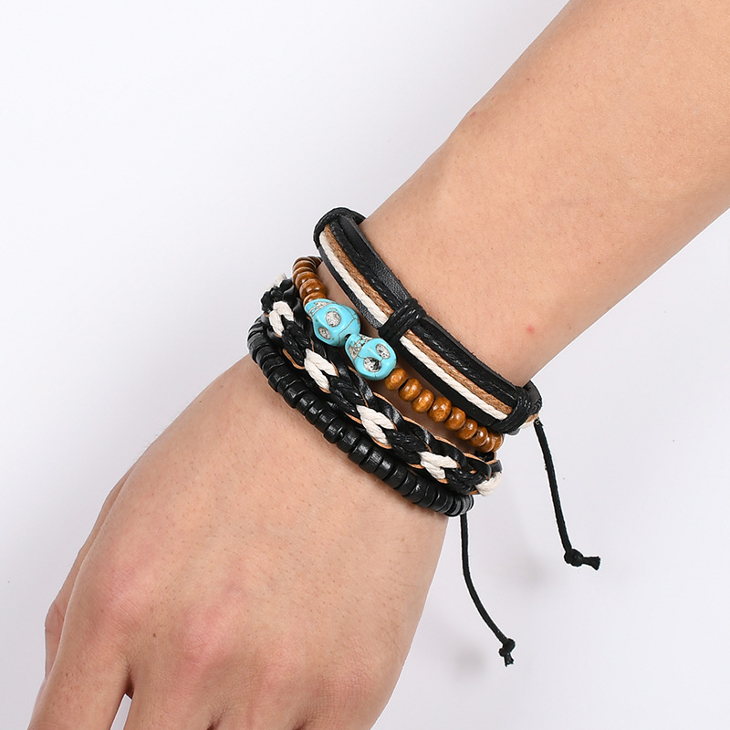 Ethnic Style Skull Pu Leather Alloy Wooden Beads Beaded Knitting Unisex Bracelets display picture 3